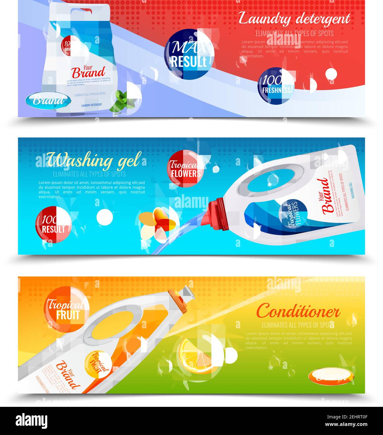 Three colored detergents clothes horizontal banner set with laundry