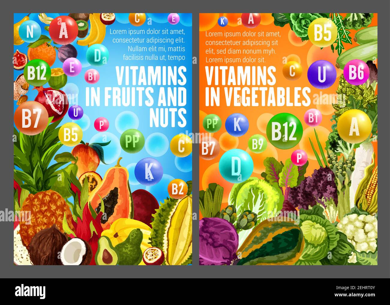 Healthy life with vitamins A, B, D, K and minerals. Fruits and vegetables with medical vitamin