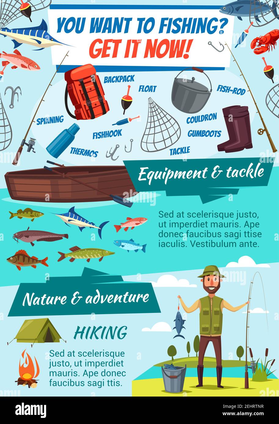 Fishing sport adventure, fish catch. Vector fisherman, equipment rod, tackles and lures with boat and camping tent, sea and ocean salmon, carp and pik Stock Vector