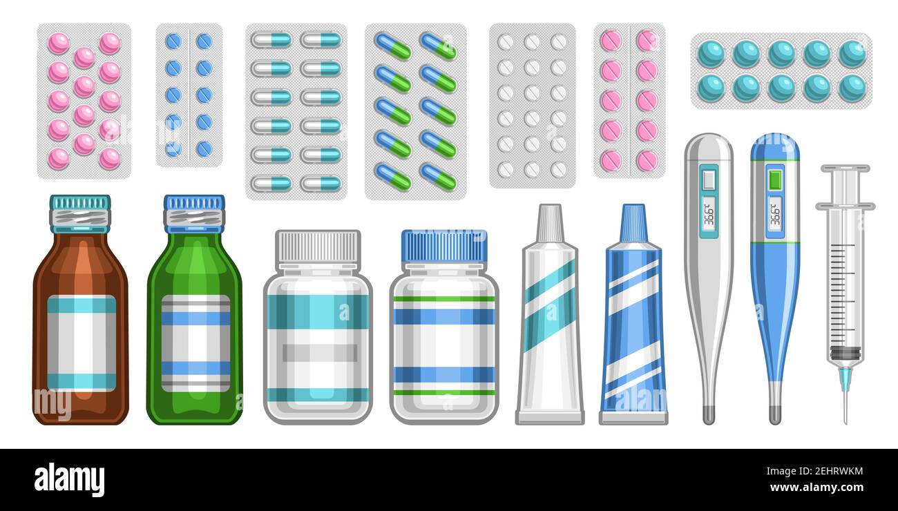Vector Medical Set, lot collection of cut out illustrations of blue and pink pills in variety package, group of brown and green glass and plastic pill Stock Vector