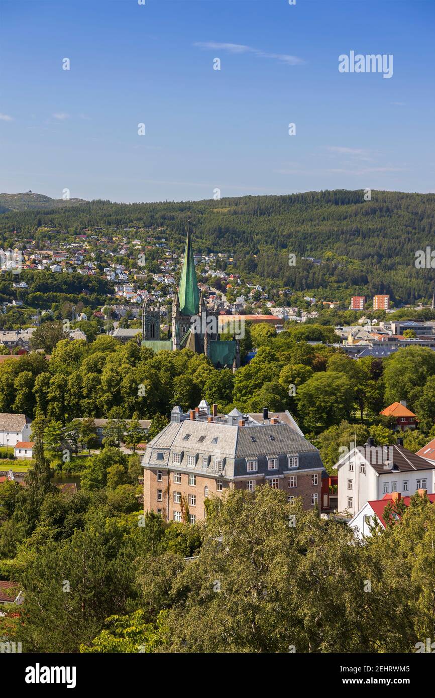 View of the city of Trondheim, Norway. Nidaros cathedral in the background. Stock Photo
