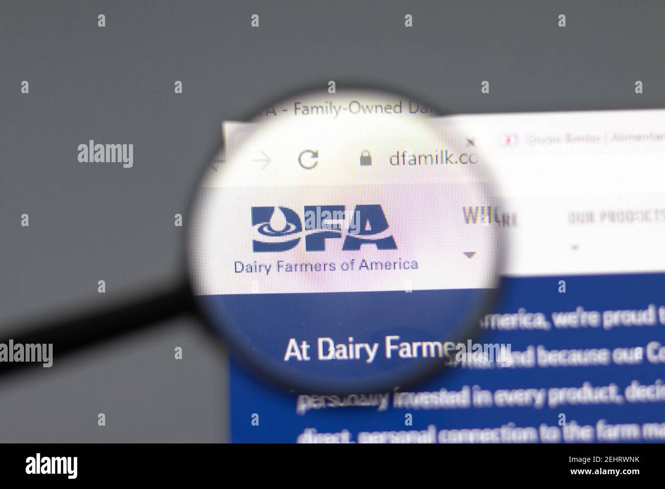 New York, USA - 15 February 2021: DFA Dairy Farmers of America website in browser with company logo, Illustrative Editorial Stock Photo