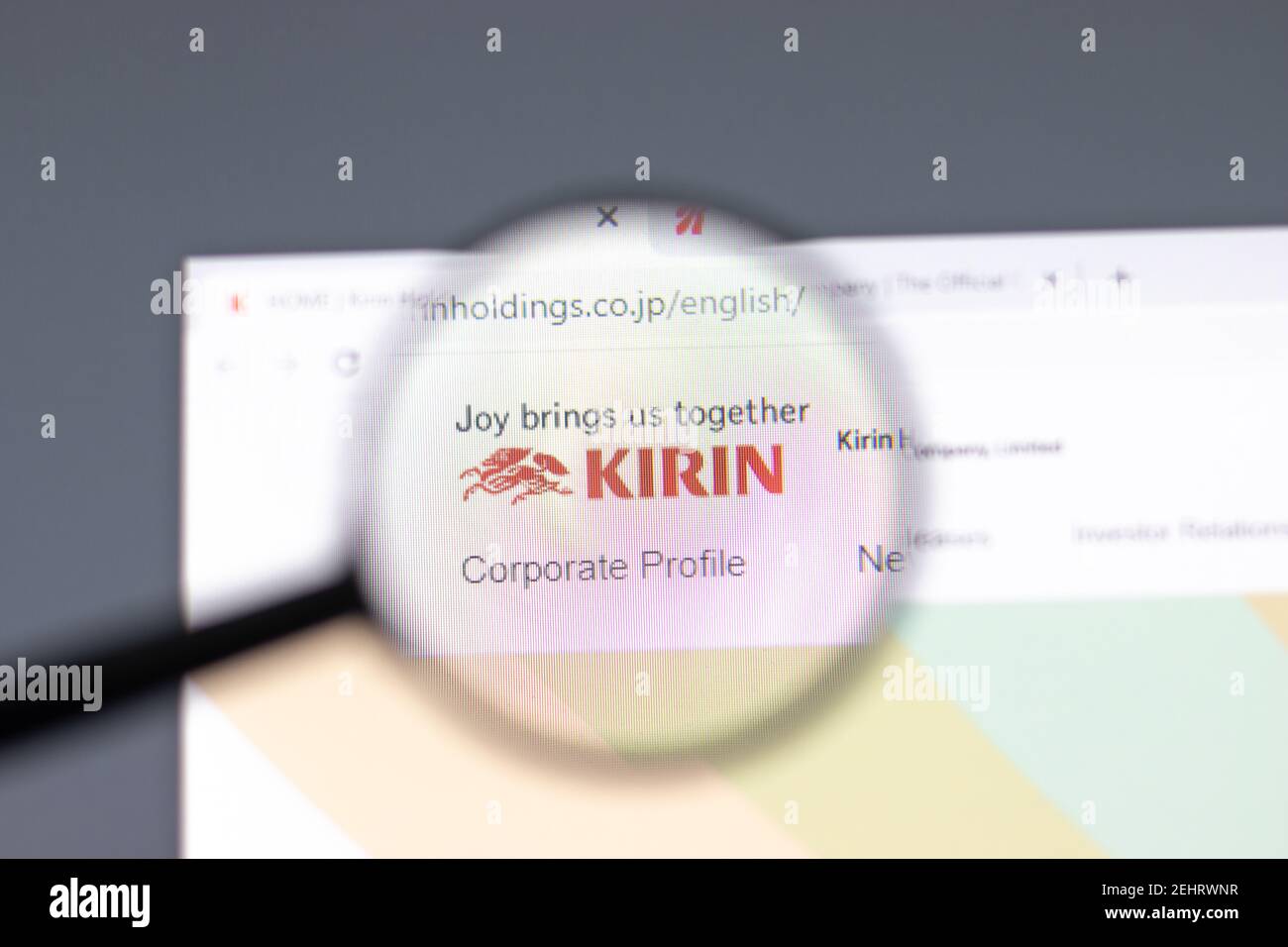 New York, USA - 15 February 2021: Kirin Holdings website in browser with company logo, Illustrative Editorial Stock Photo