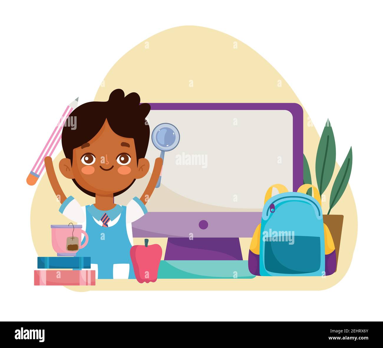 School student boy online class computer education vector illustration ...