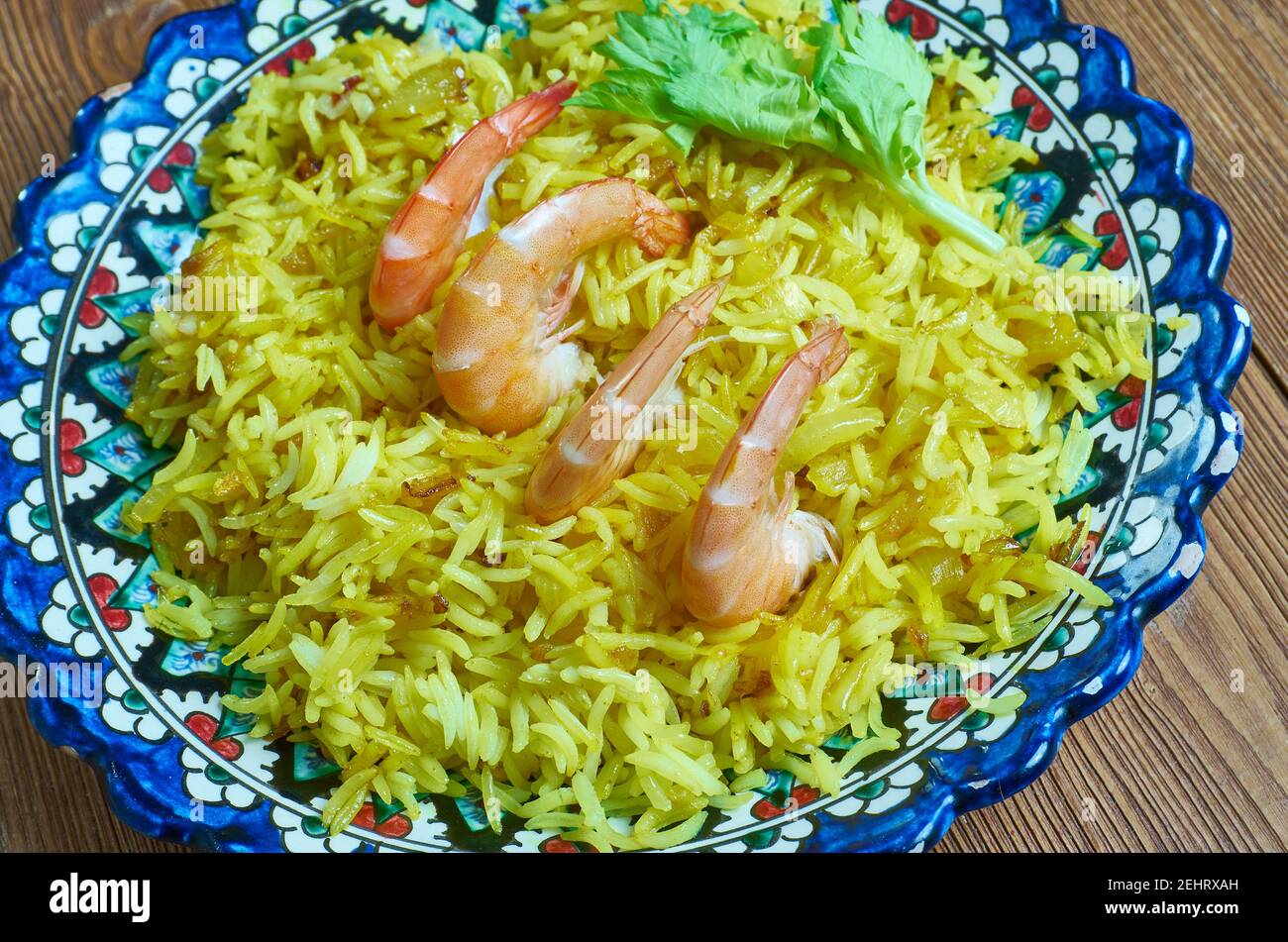 Mumawwash classic dish from Kuwait combines rice topped with dry shrimp