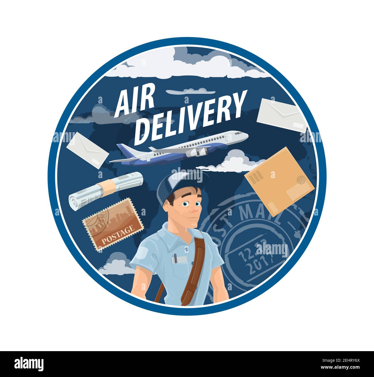 Air mail delivery mailman and postman profession, postage logistics. Vector airplane cargo or freight shipping parcel boxes with newspapers, magazines Stock Vector