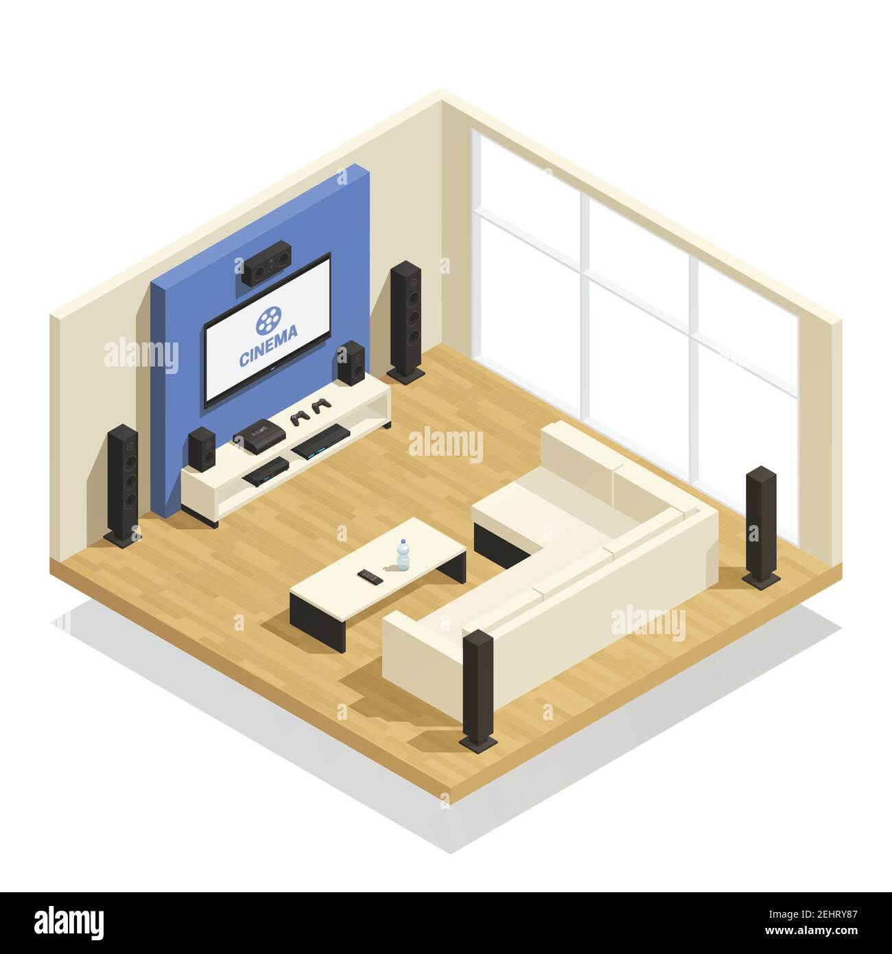 Living room interior with modern home theater system big window and comfortable sofa isometric 3d vector illustration Stock Vector