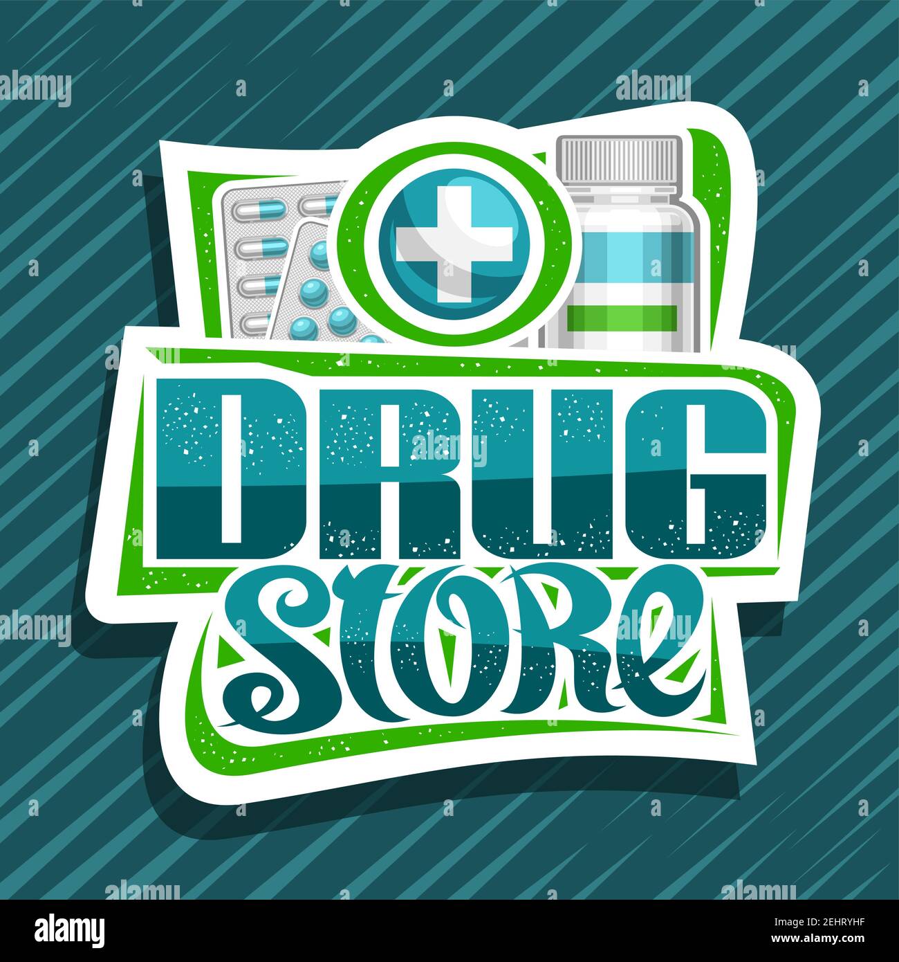 Vector poster for Drug Store, white decorative sign board with unique brush lettering for words drug store and pharmacy symbol cross in circle, pills Stock Vector