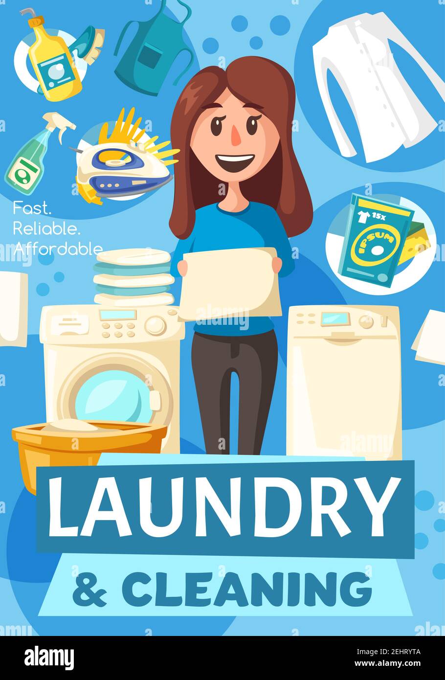 Laundry and cleaning service. Cleaner woman or maid with clean clothes