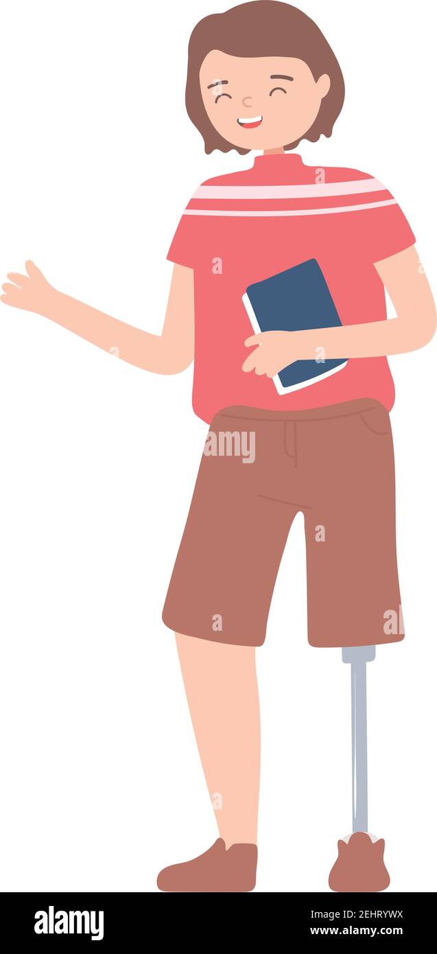 smiling young man with leg prosthesis and book in hand vector cartoon illustration isolated Stock Vector