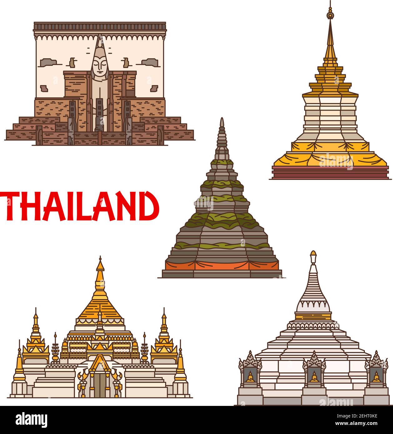 Travel landmark of Thailand, vector icons of ancient buddhist temple. Stupas of Phra That Chedi Luang and Phra That Doi Chom Thong, Phra That Doi Kong Stock Vector