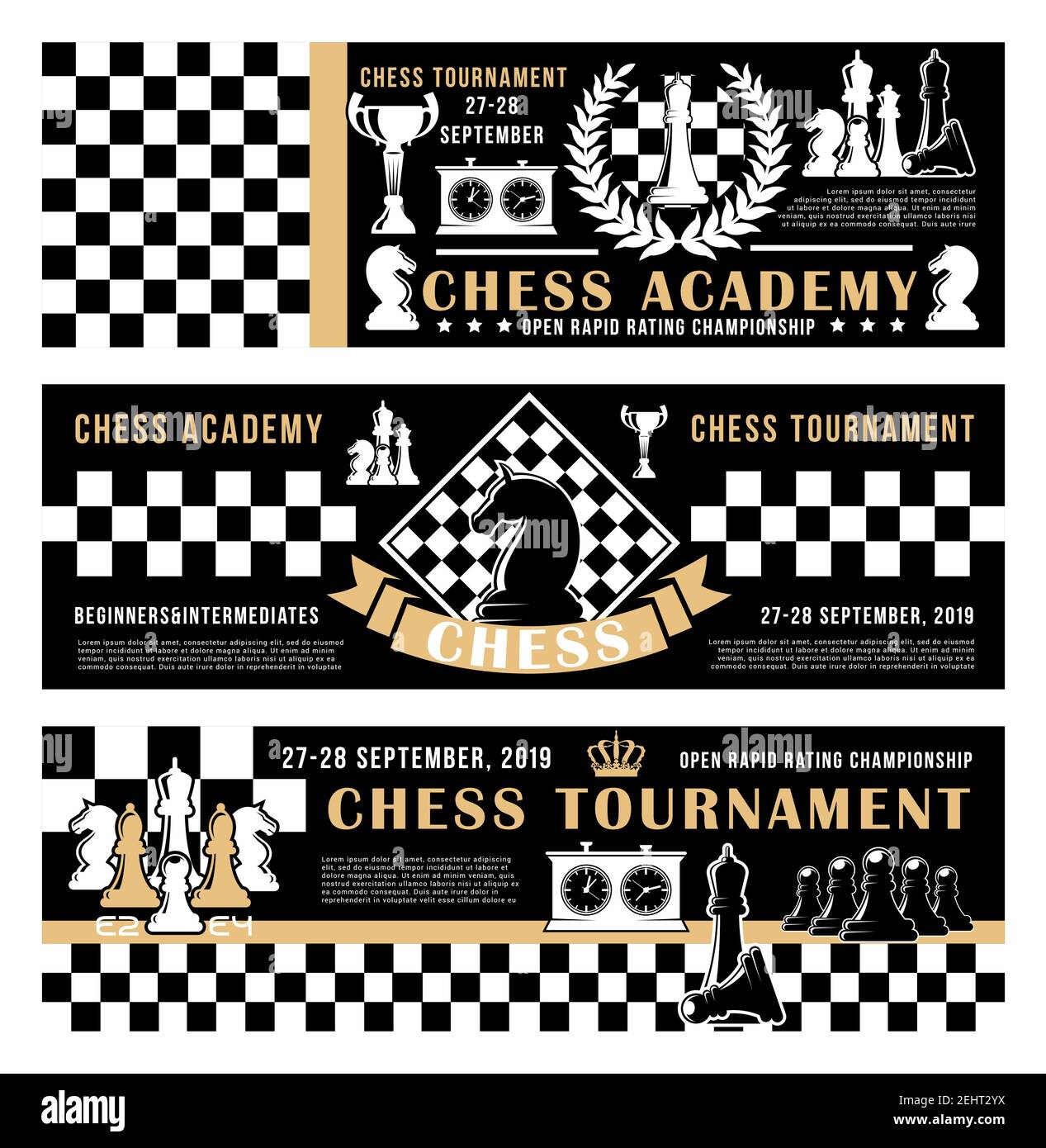 Chess academy or tournament and championship. Vector banners of horse and bishop, queen and pawn, rook and king crown on chessboard strategy. Backgrou Stock Vector