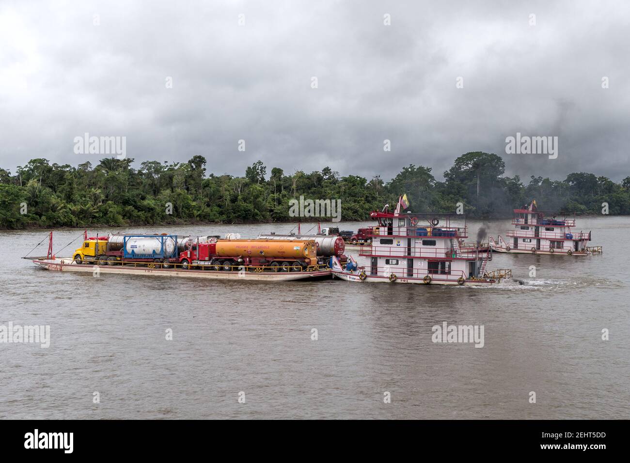 Truck ferry stuck on a sand bank, Napo River, Amazon rainforest, Yasuni