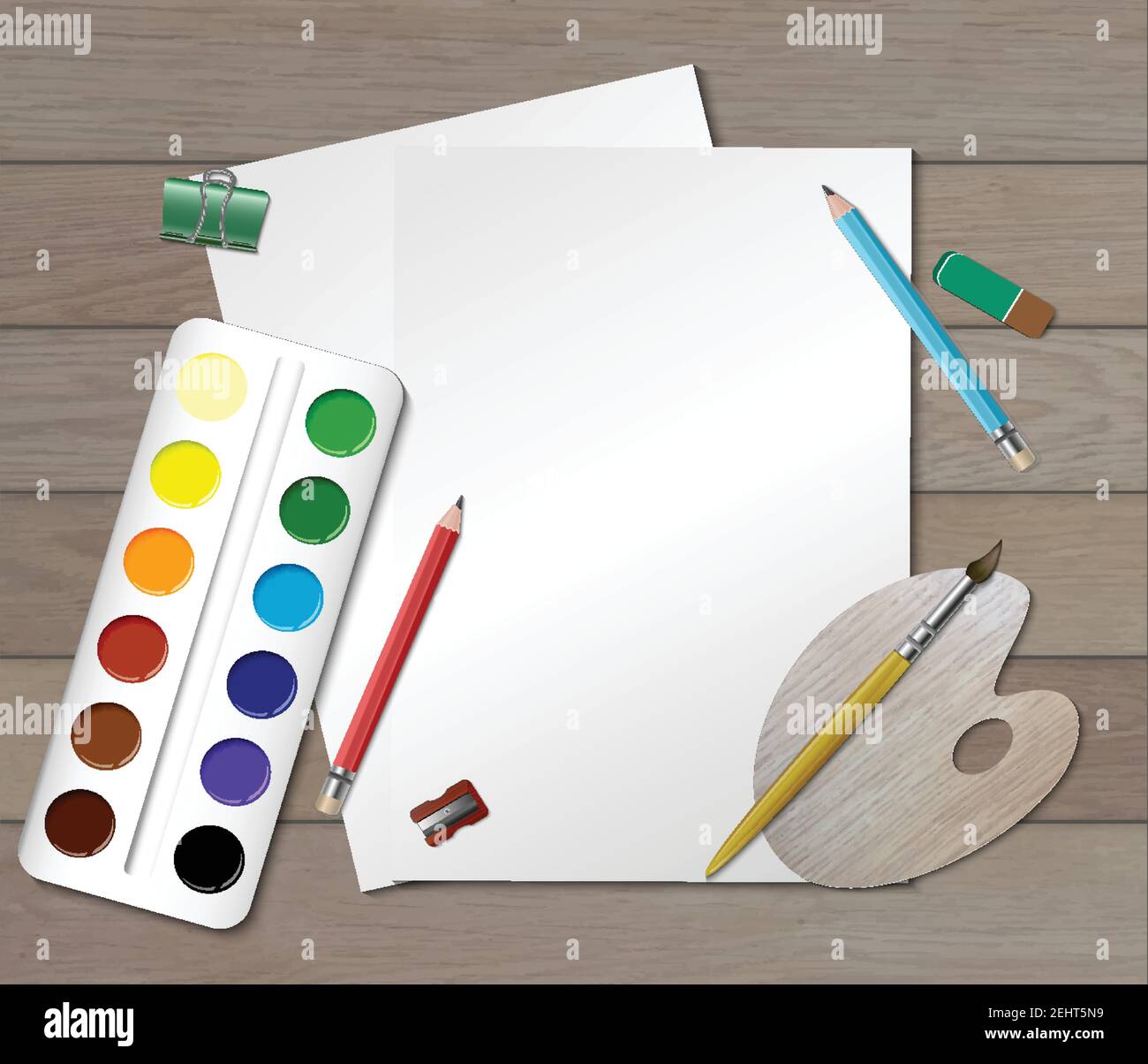 Creative colored workplace composition for designer or child engaged in visual arts vector illustration Stock Vector