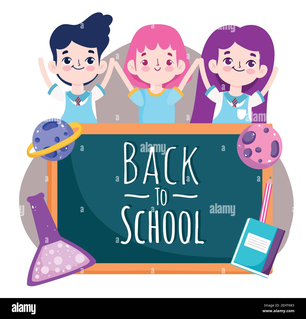 Back to School students cartoon chalkboard book science planet and test ...