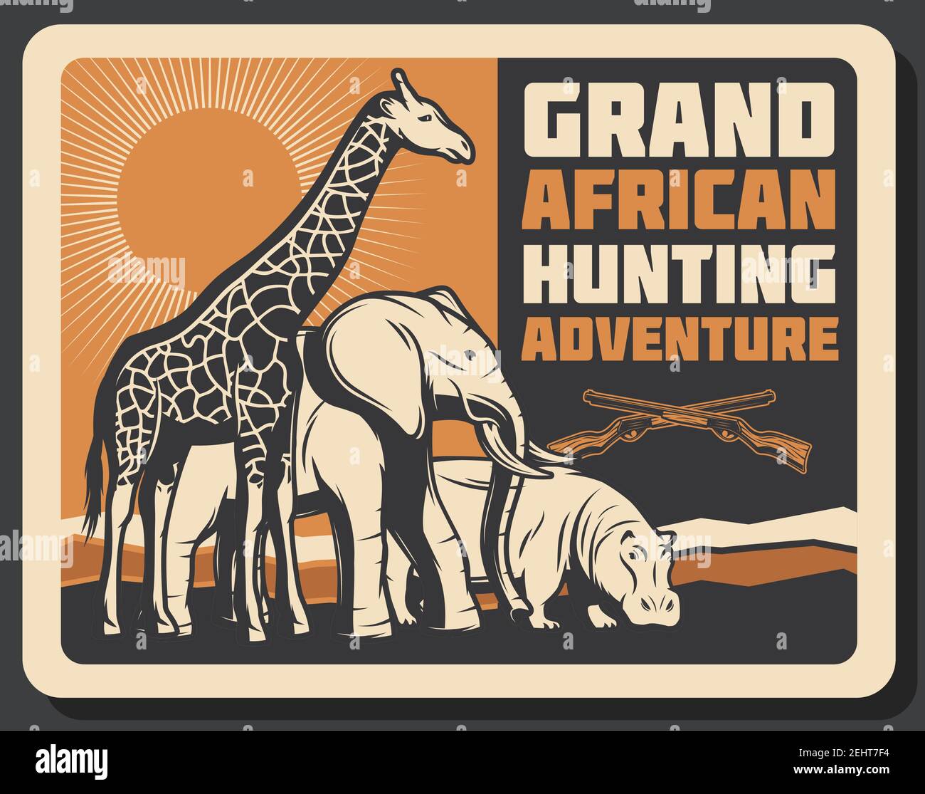 African hunting club or Safari hunt adventure. Vector Africa wild animals  giraffe, elephant and hippopotamus in savanna with hunter crossed rifle gun  Stock Vector Image & Art - Alamy