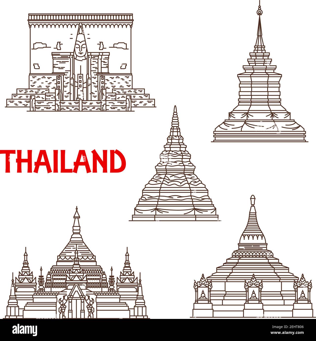 Thailand Buddhist landmarks vector icons. Temples facades of Wat Phra That Chomthong in Phayao, Chedi Luang in Chiang Mai, Si Chum in Sukhotai provinc Stock Vector