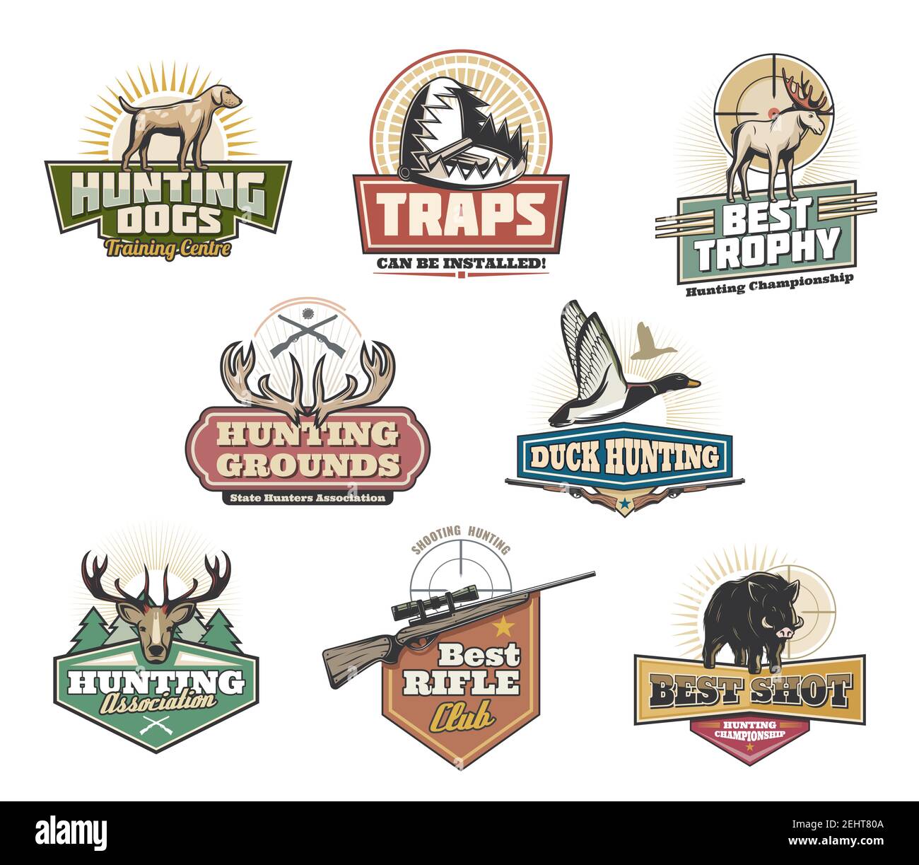 Hunter club , hunt open season and training center icons. Vector isolated symbols of wild animals as elk, antler or boar hog and duck with hunter rifl Stock Vector