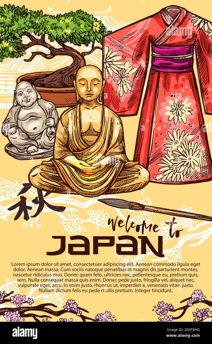 Welcome to Japan travel concept, symbols of japanese culture and
