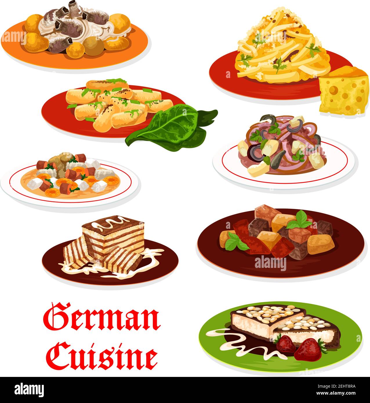 German cuisine meat and vegetable dishes. Salads with sausage, cheese and potato, apple and onion, beer soup, pork ribs stew with sauerkraut, chocolat Stock Vector