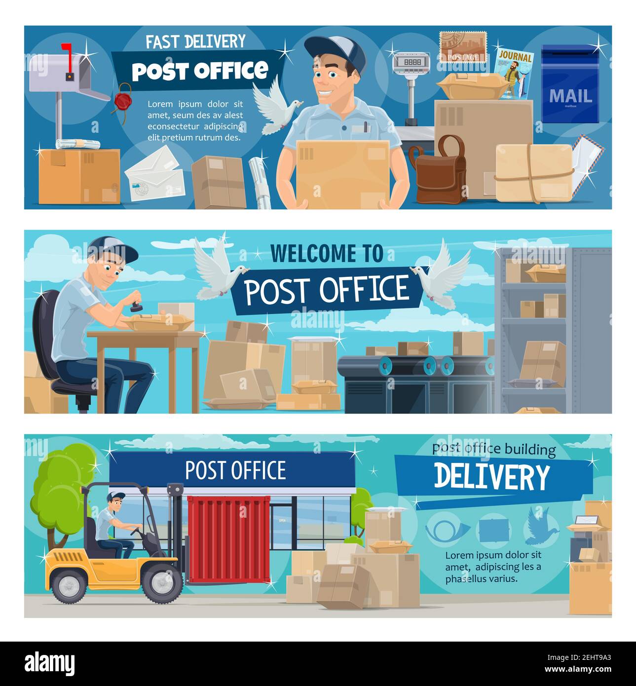 Post office, postal delivery service. Vector postman cartoon character  working at counter with parcels, paper boxes and letters, mail sacks,  packages Stock Vector Image & Art - Alamy