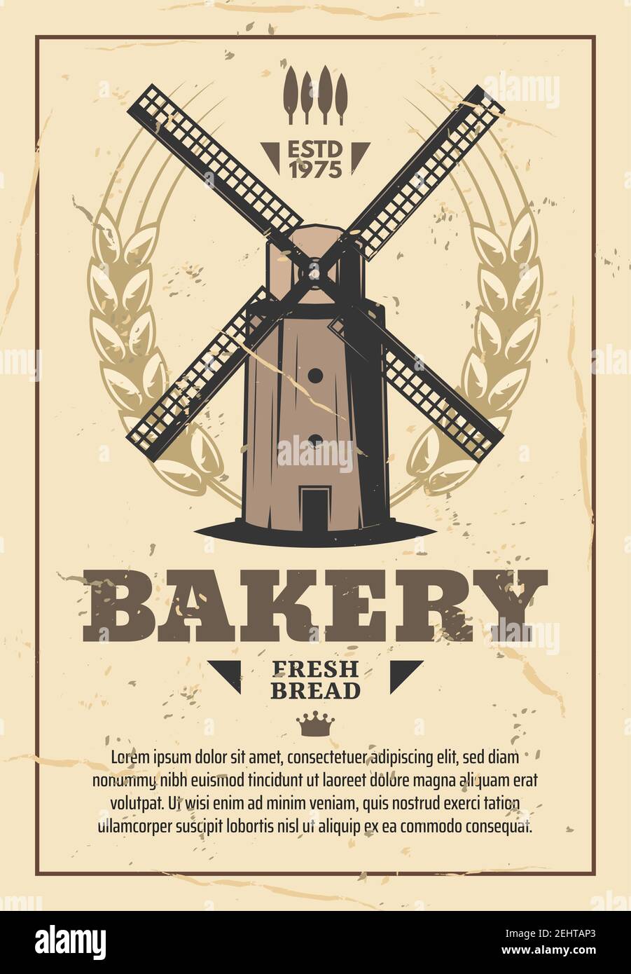 Mill, flour milling and bread bakery, vintage vector. Old windmill with