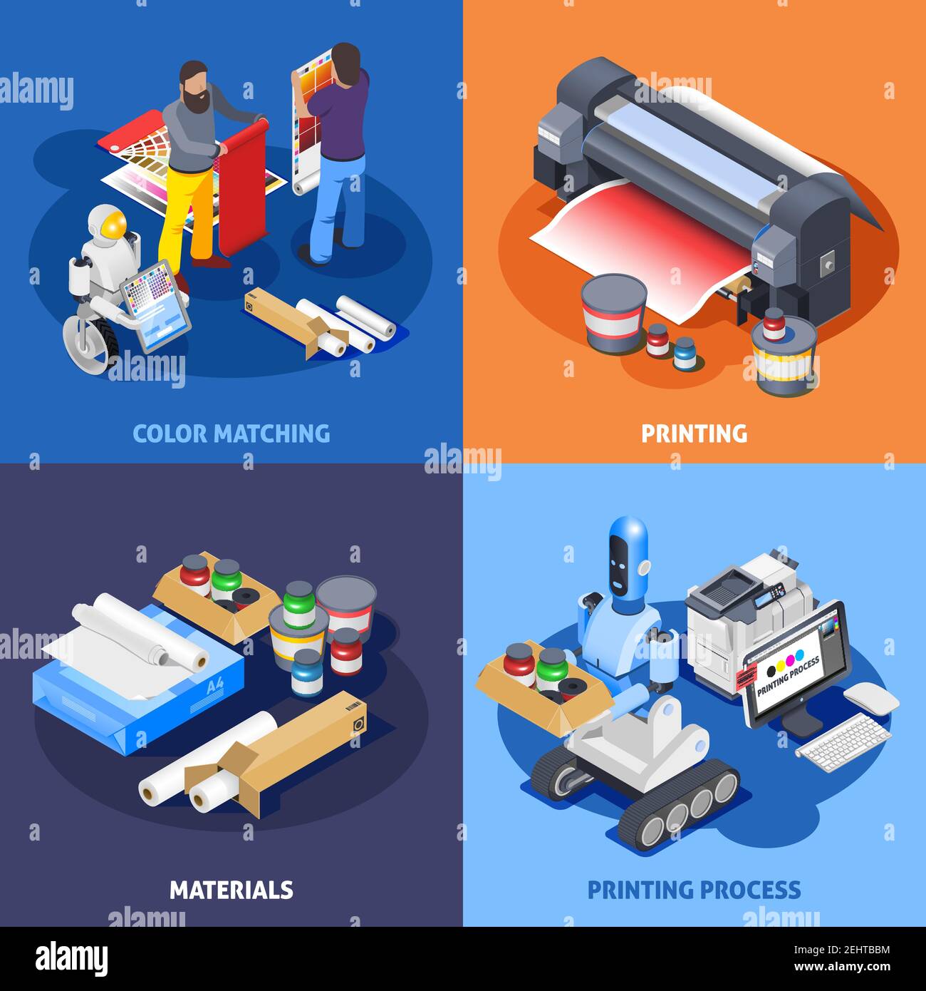 Printing house polygraphy industry isometric 2x2 design concept with