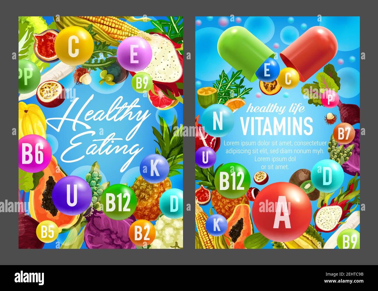 Food rich in vitamins, vector pills, vegetables and fruits. Orange