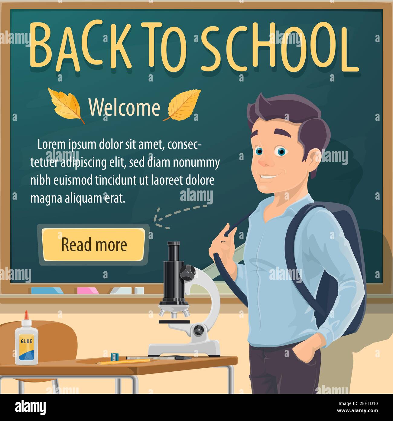 Back to School poster or student boy study chemistry or biology at classroom lesson. Vector school boy at blackboard with backpack bag, chalk and glue Stock Vector