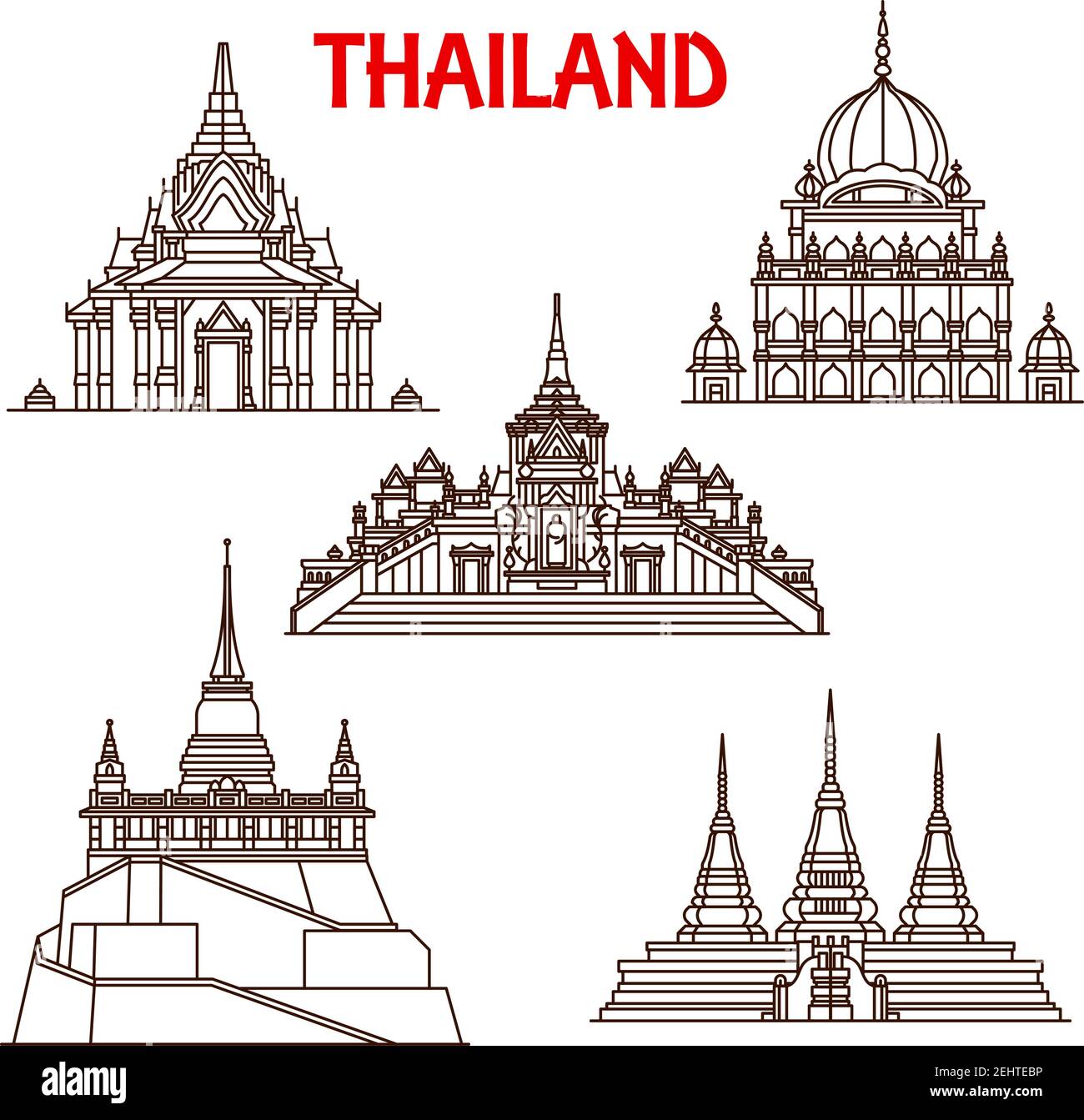 Thailand Buddhist temples architecture vector landmark icons. Thin line facades of Golden Buddha Wat Traimit, Saket Mount or Pho and Sikh temple or La Stock Vector