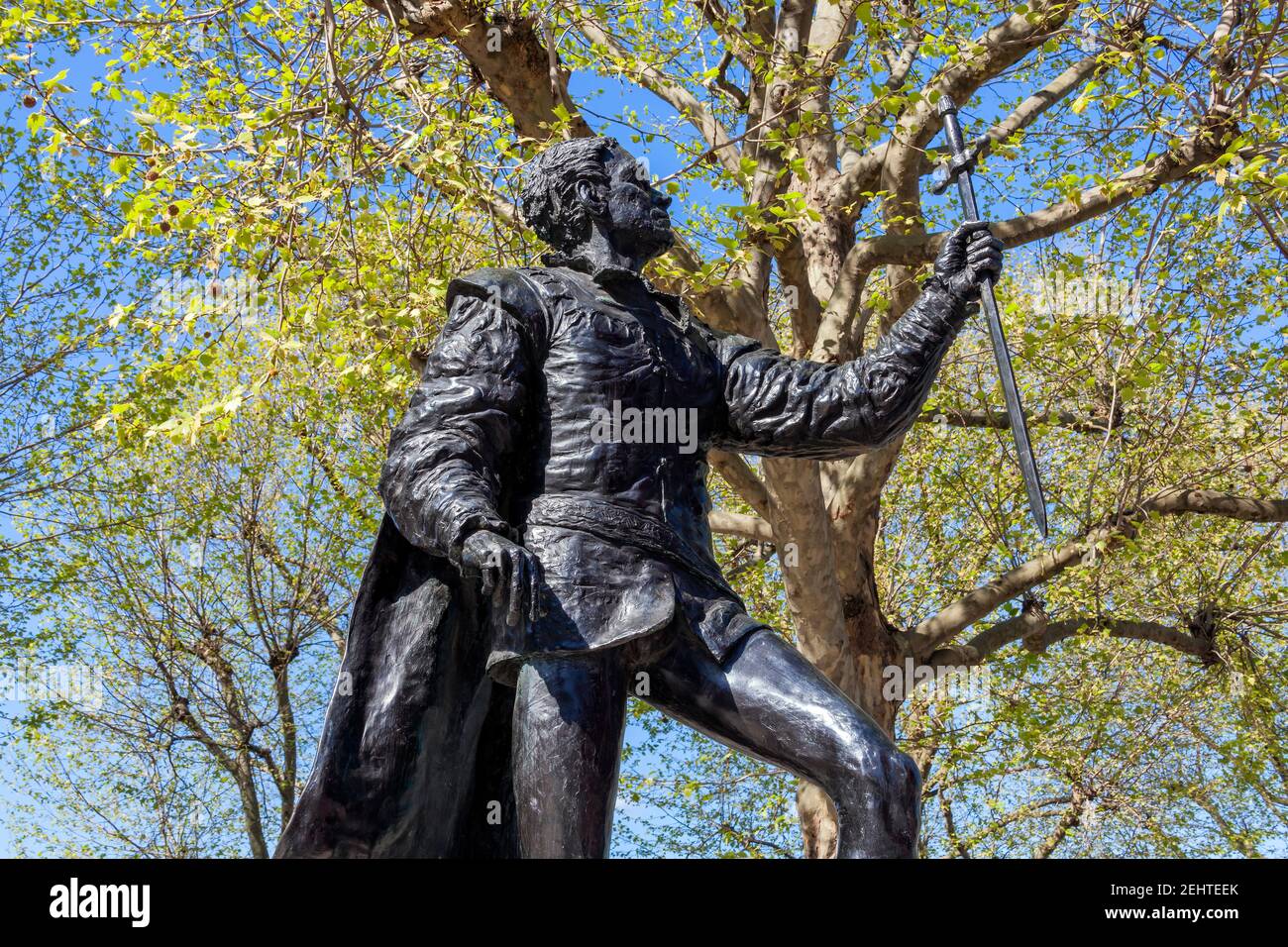 London, UK, April 13, 2014 : Laurence Olivier as Hamlet statue outside the National Theatre  waterfront on the River Thames  erected as a tribute to t Stock Photo