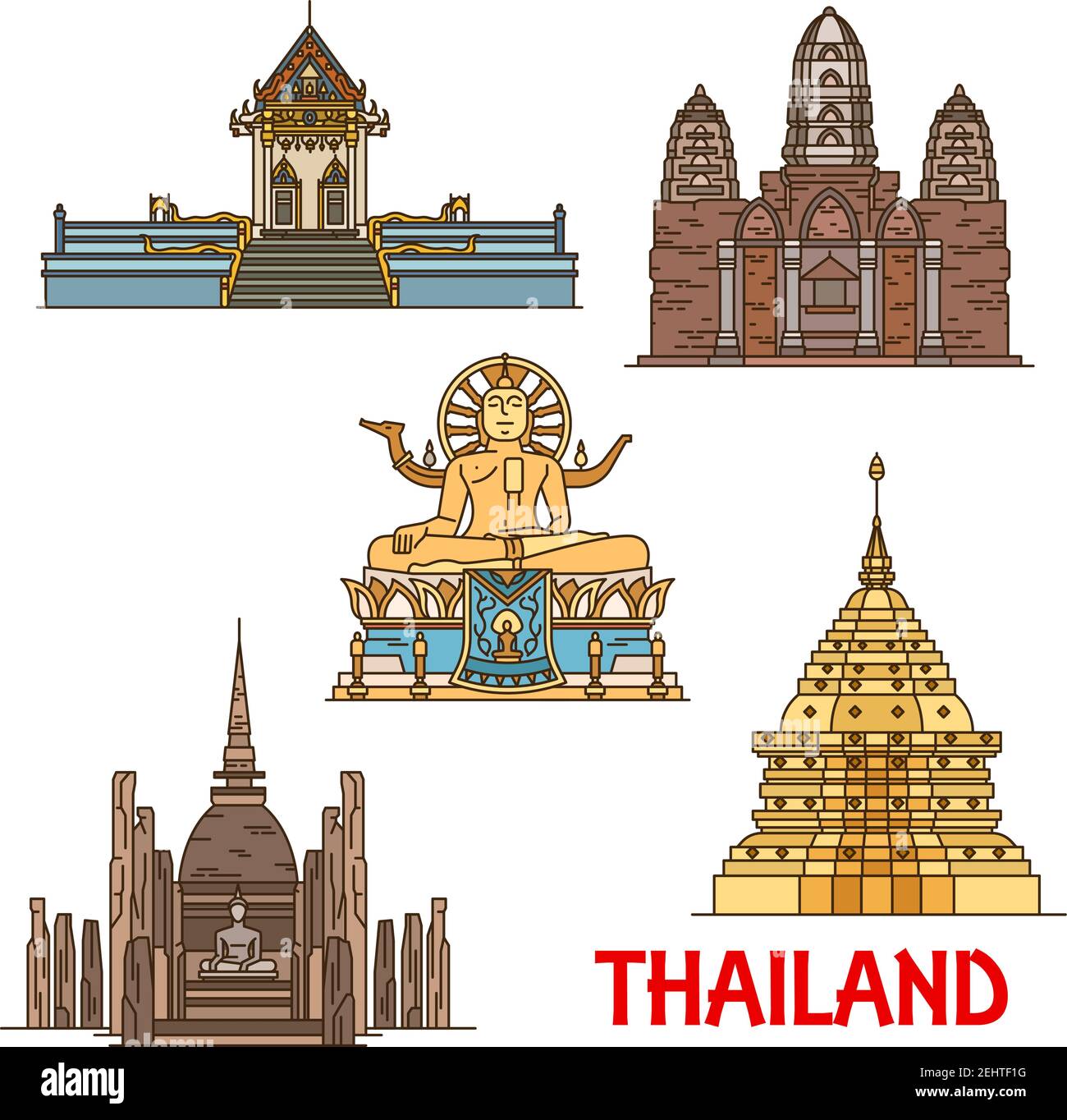 Thailand vector travel landmarks. Ancient thai temples, pagodas and statues linear icons. Big Buddha Temple, Wat Khunaram, Phra That Doi Suthep, Mahat Stock Vector