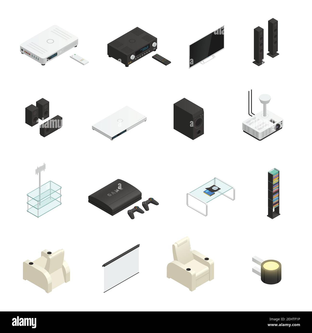 Modern home theater system isometric icons set isolated on white background 3d vector illustration Stock Vector