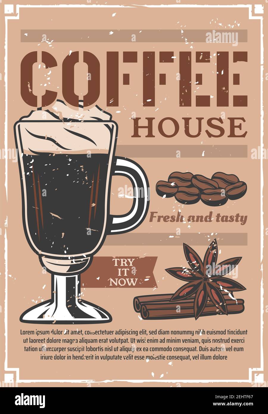 Coffee house advertisement poster of hot cappuccino in glass cup or mug. Vector cafeteria or cafe vintage design of coffee beans with cinnamon or anis Stock Vector