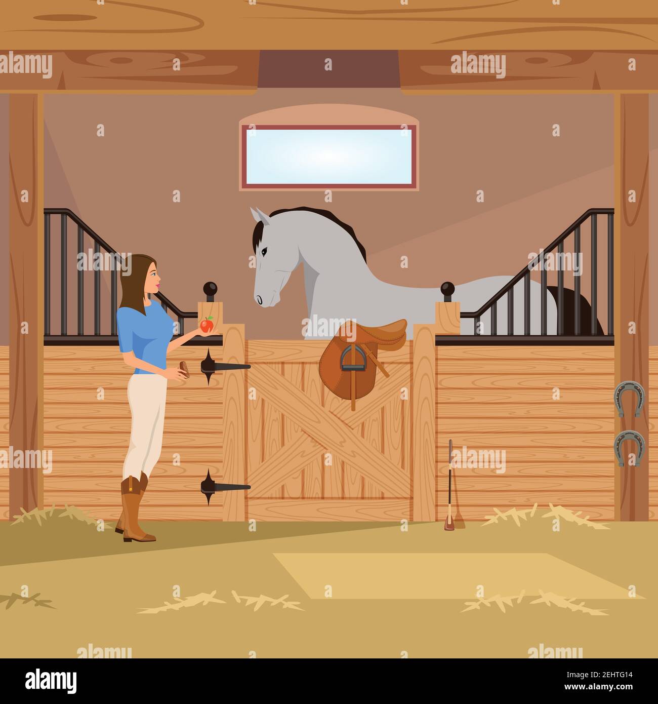 Girl with apple near grey trotter in stall with horseshoes, saddle and whip flat composition vector illustration Stock Vector
