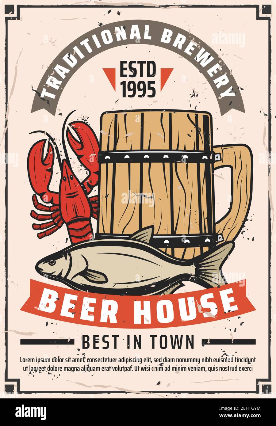 Beer house or brewery bar retro poster. Vector vintage advertisement design of craft draught beer in wooden mug with lobster crab or dry fish snacks, Stock Vector