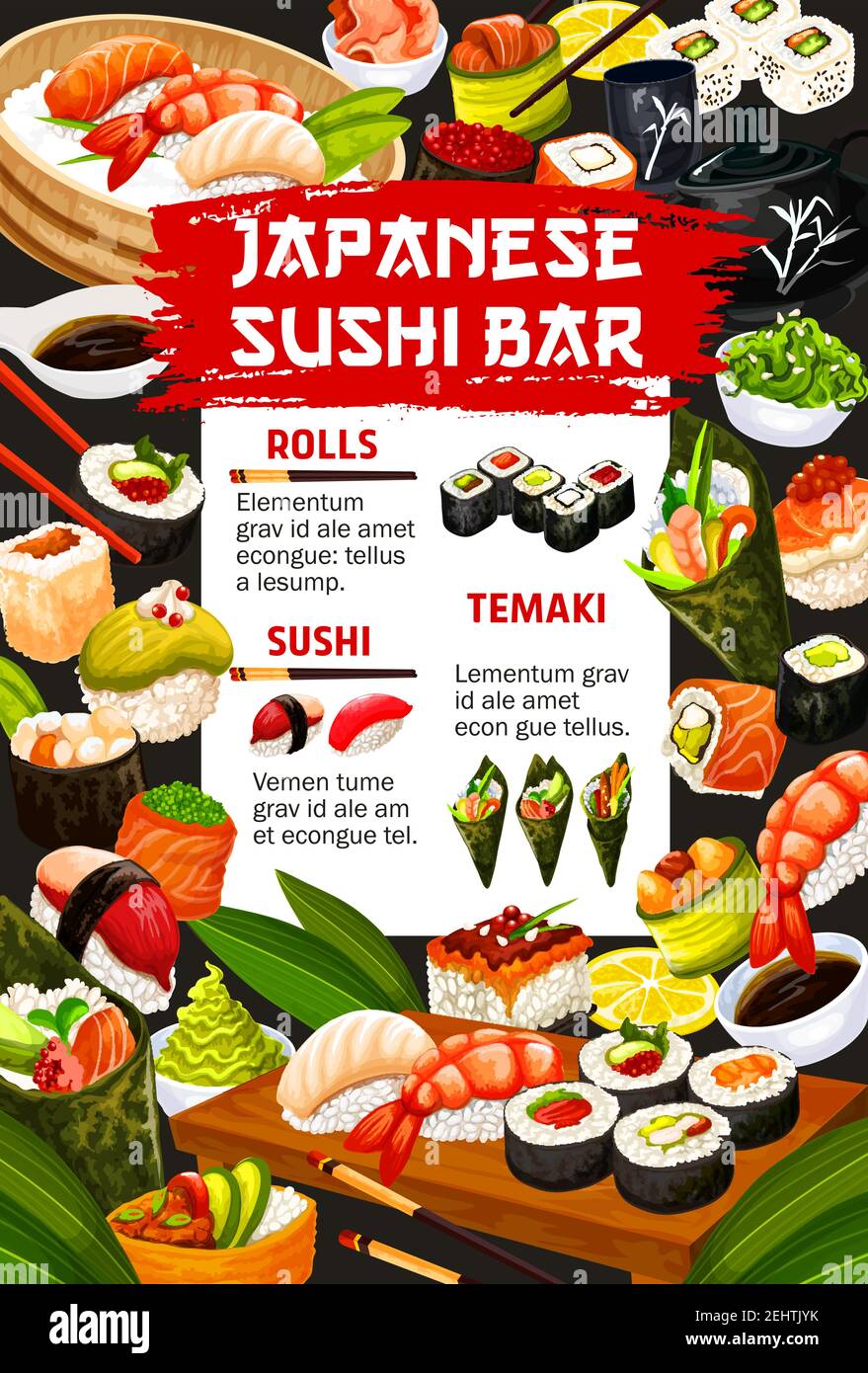 Japanese sushi bar menu for Asian cuisine restaurant. Vector Japan