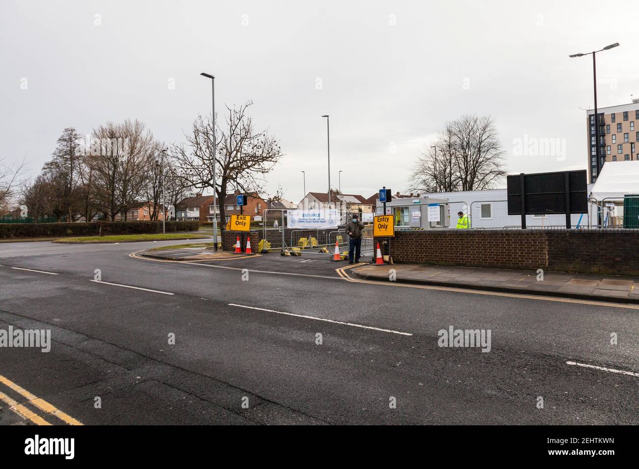 Stockton on Tees, UK. 20th February 2021.The Council have opened up a Covid 19 testing station at the Billingham Forum car park. The site caters for people with or without symptoms. David Dixon/ Alamy Stock Photo