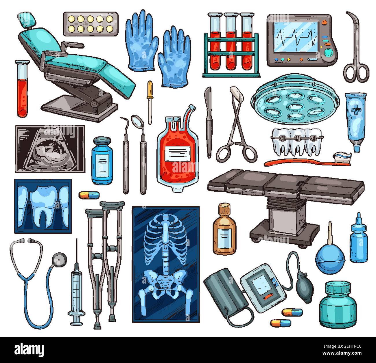 Medical equipment of hospital. Vector examination chair and gloves, blood in flasks and monitor with heartbeat, scissors and exam Stock Vector & Art - Alamy