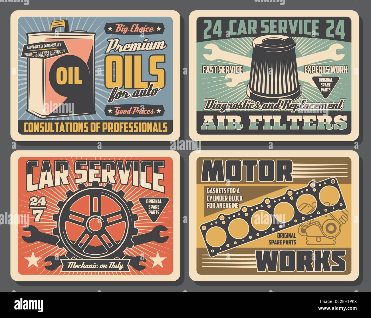 Auto spare parts, car service, repair and maintenance retro vector