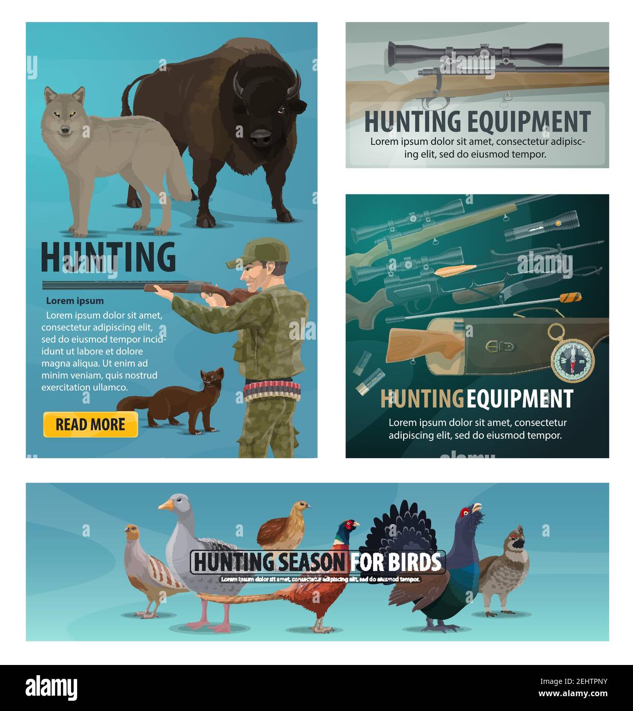 Hunting sport season, animals and birds, hunter equipment and weapon