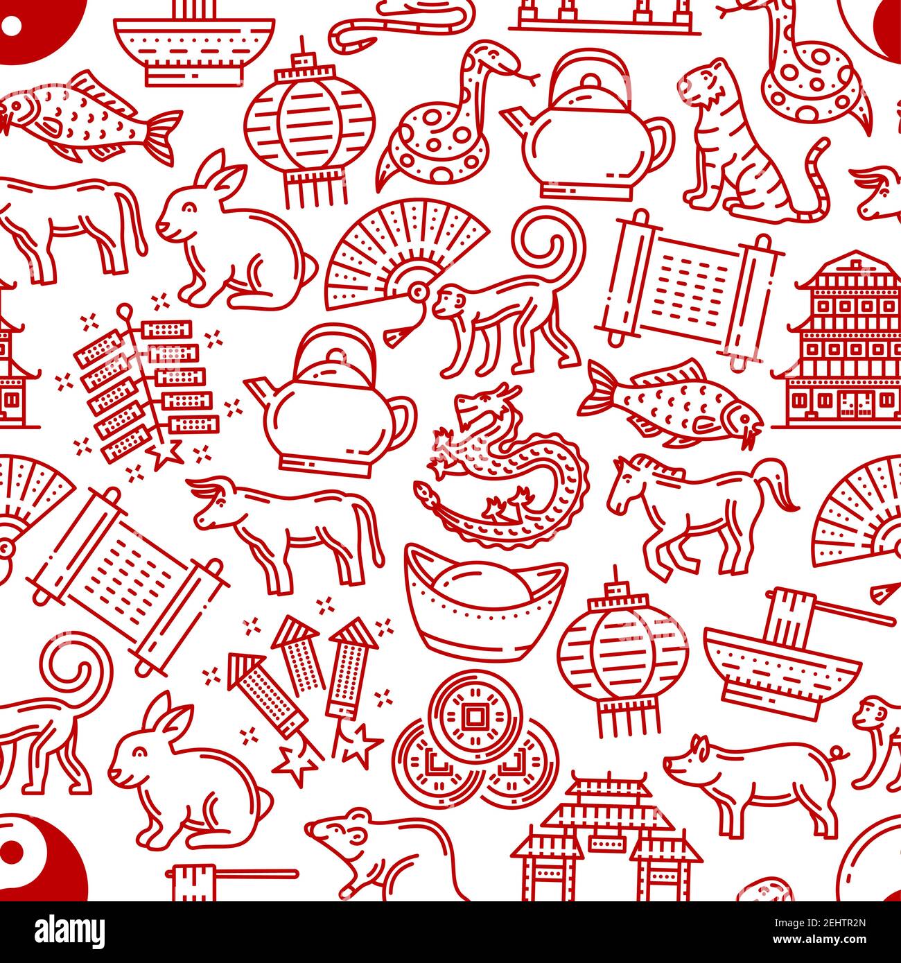 Chinese horoscope pattern background. Vector seamless line design of China zodiac signs and traditional celebration items of Chinese New Year. Dragon Stock Vector