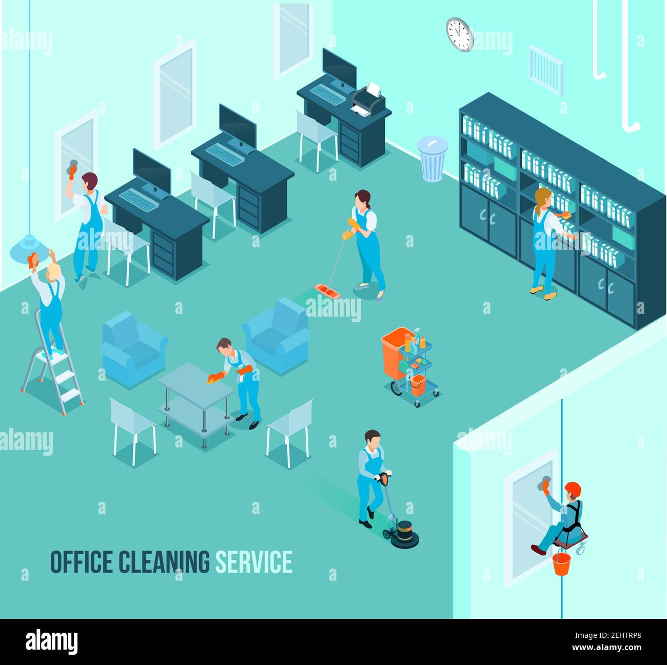 Professional office cleaning team at work wiping mirrors dusting tables