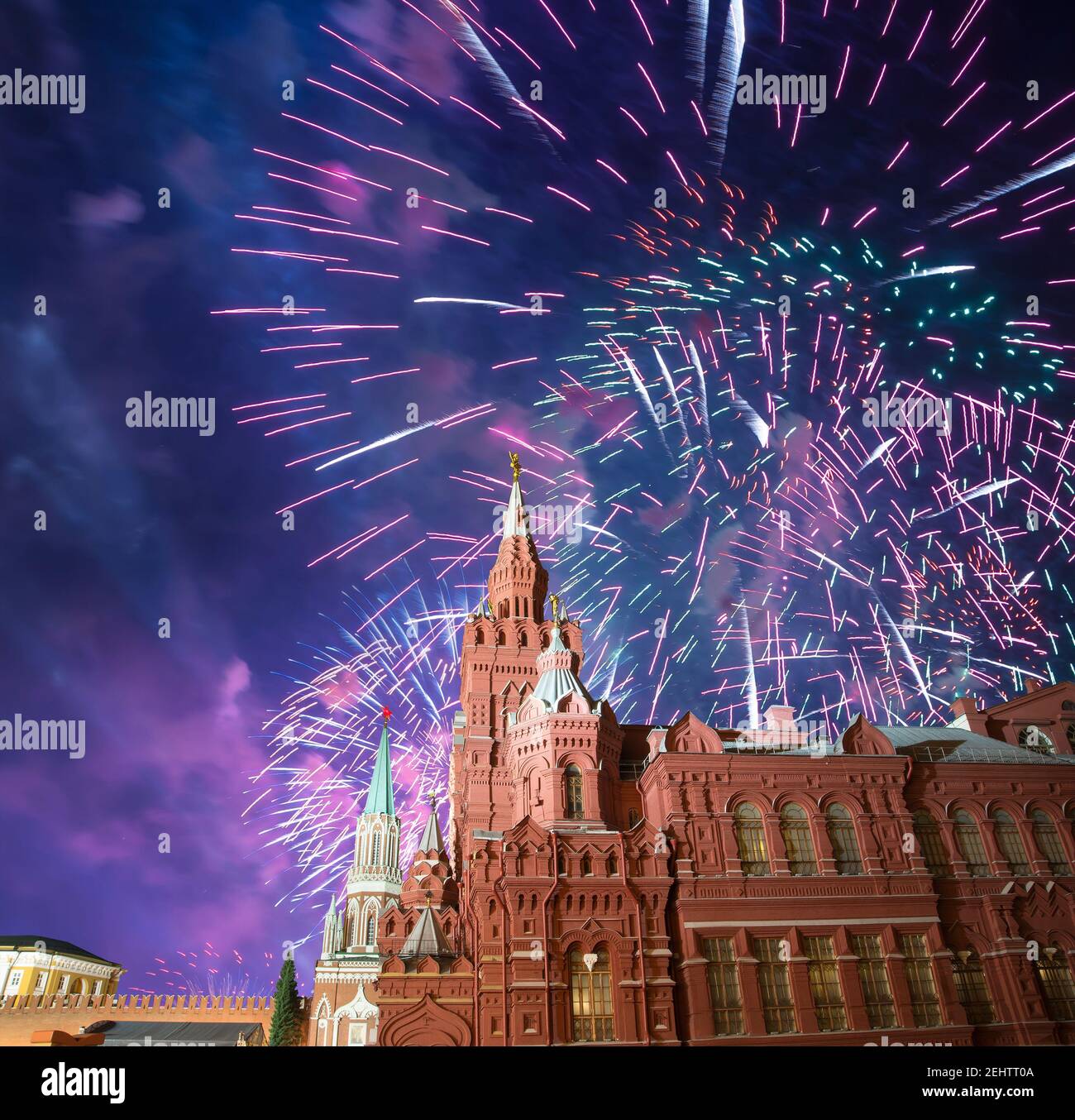 Moscow Kremlin and fireworks in honor of Victory Day celebration (WWII