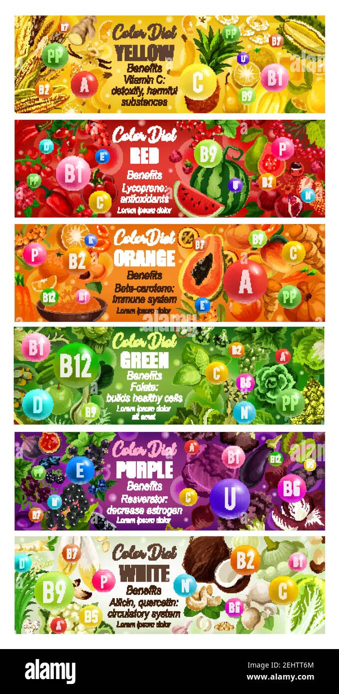 Color diet vitamins, minerals and benefits in food. Vector rainbow