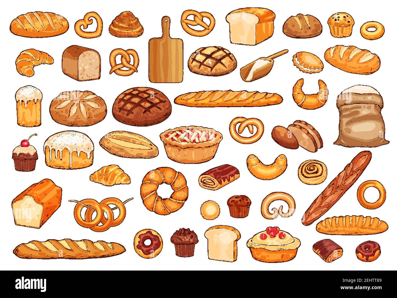 Bread and bakery icons, vector isolated sketches. Loaf and baguette, croissant and cupcake, wheat flour and sweet bun, pretzel and bagel. Natural orga Stock Vector