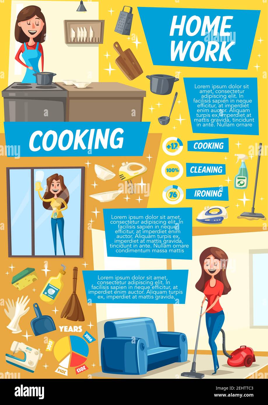 Housekeeping service poster. Cartoon woman cleaning room, washing, laundry  or cooking on kitchen. Vector cartoon design of woman and household vacuum  Stock Vector Image & Art - Alamy