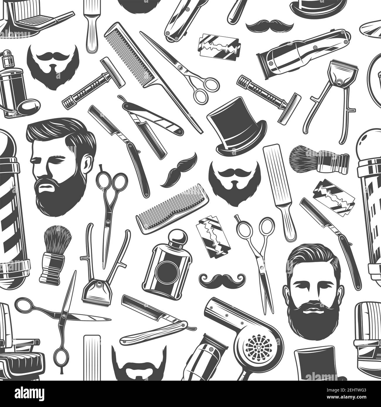 Barbershop pattern background. Vector seamless design of hipster mustaches,  beard and gentleman hat with shave razor, hair cut trimmer and barber shop  Stock Vector Image & Art - Alamy