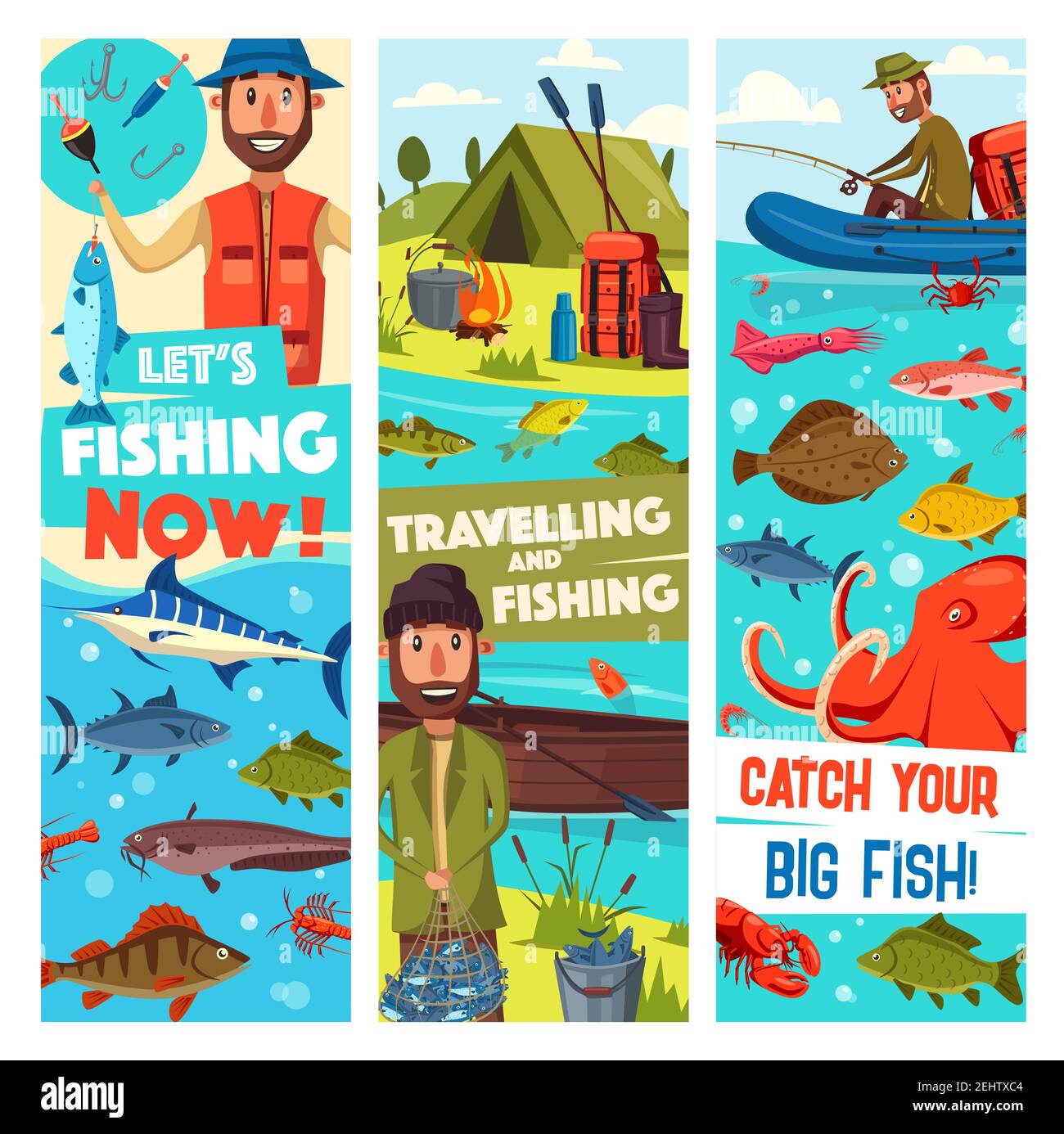 Fishing and traveling or fisher adventure banners for fish catch advertisement. Vector cartoon fisherman man in inflatable boat on river or sea with r Stock Vector