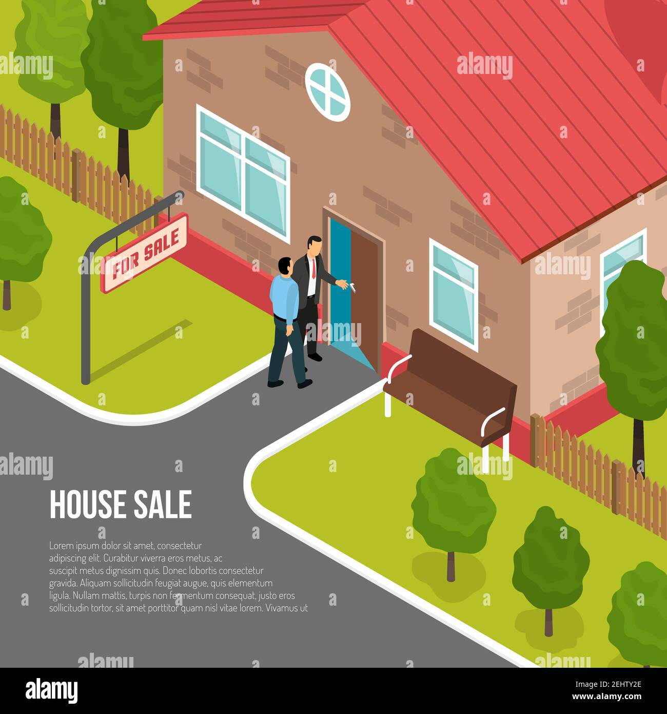 House sale isometric vector illustration with buyer and employee of real estate agency showing one storey cottage Stock Vector